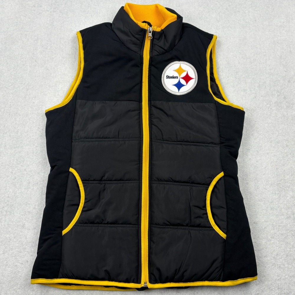 NFL Team Apparel Pittsburgh Steelers Puffer Vest Black Gold Women Small NM9-087